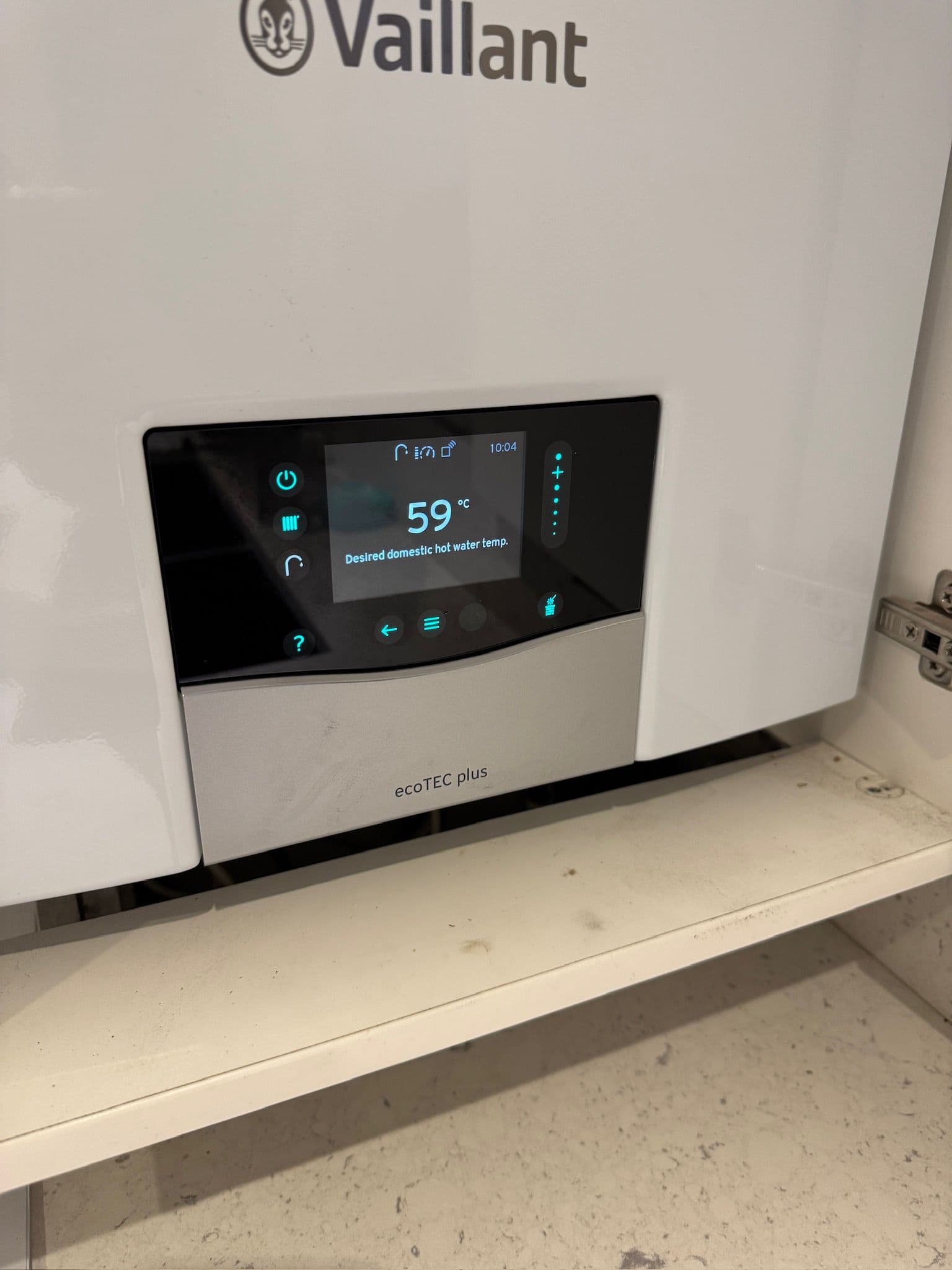 Vaillant ecoTEC Plus boiler display showing temperature during service in Finchley